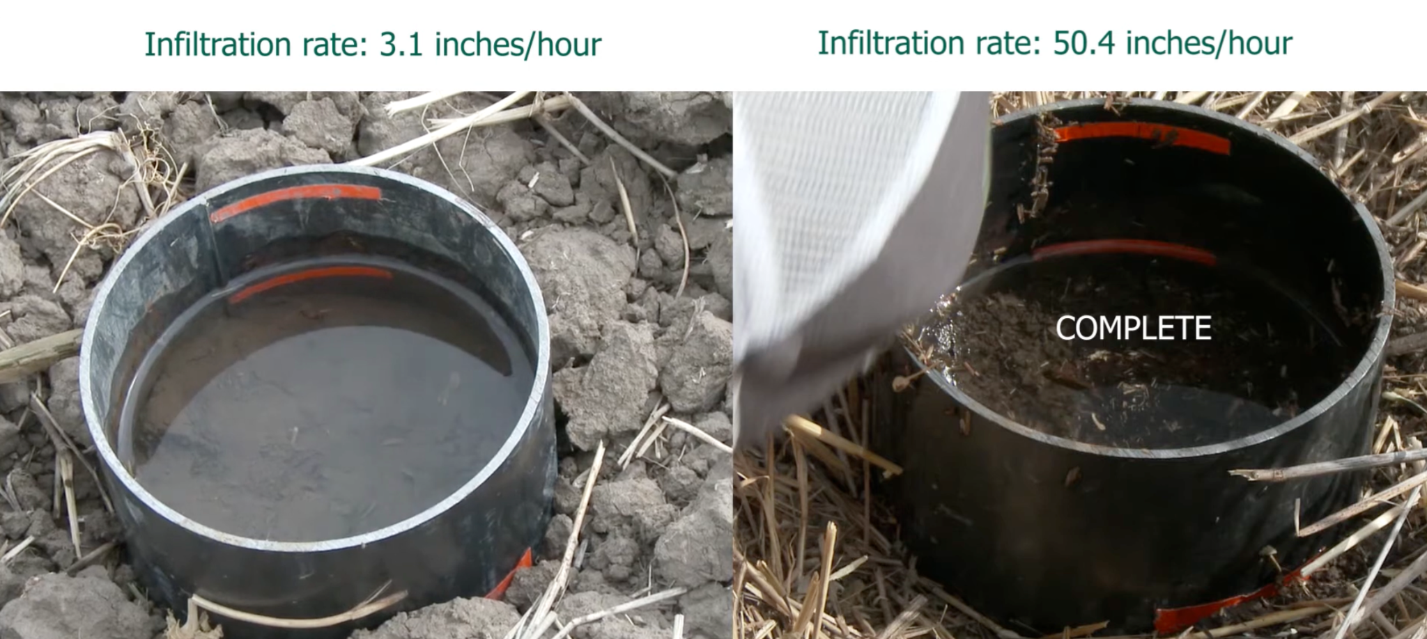 Montana NRCS infiltration comparison on Amsterdam silt loam: tilled wheat fallow at 3.1 inches per hour and no-till continuous wheat at 50.4 inches per hour.