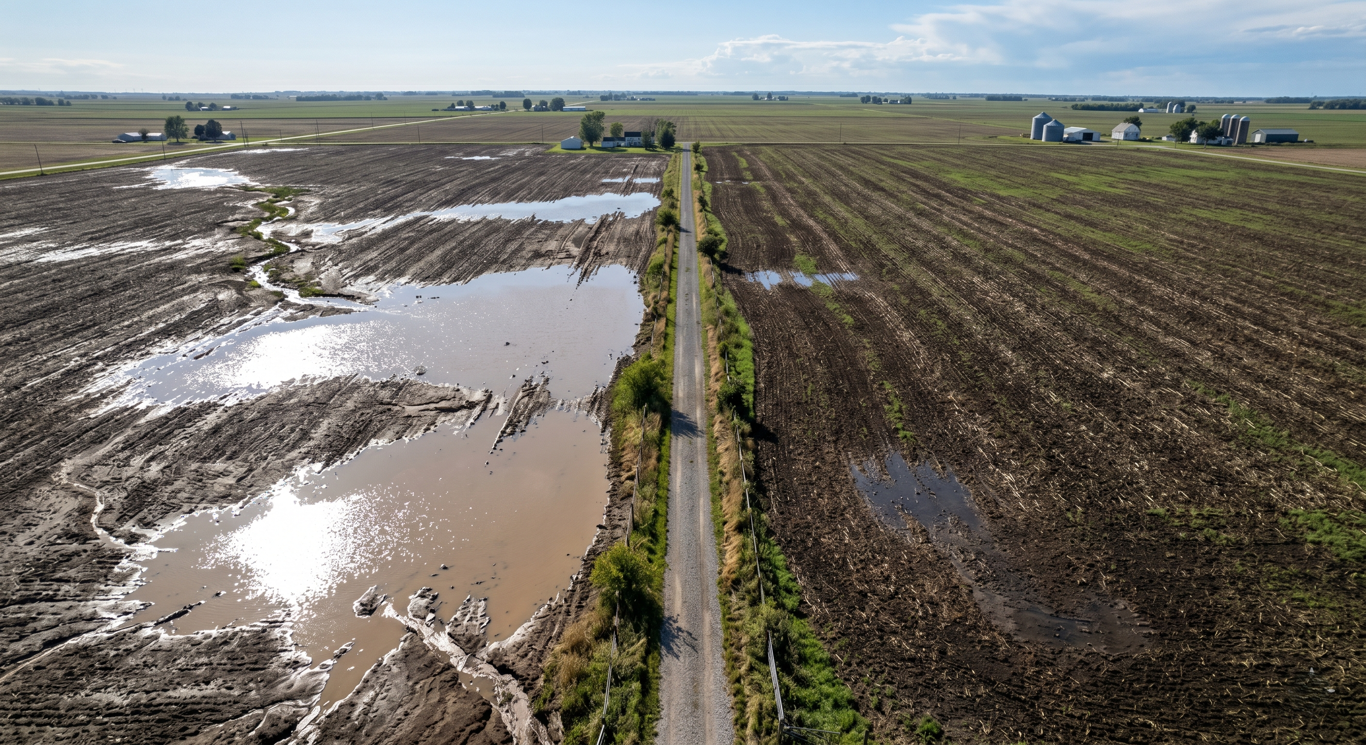 Standing water across farmland on either side of a straight rural road, with farm buildings on the horizon.